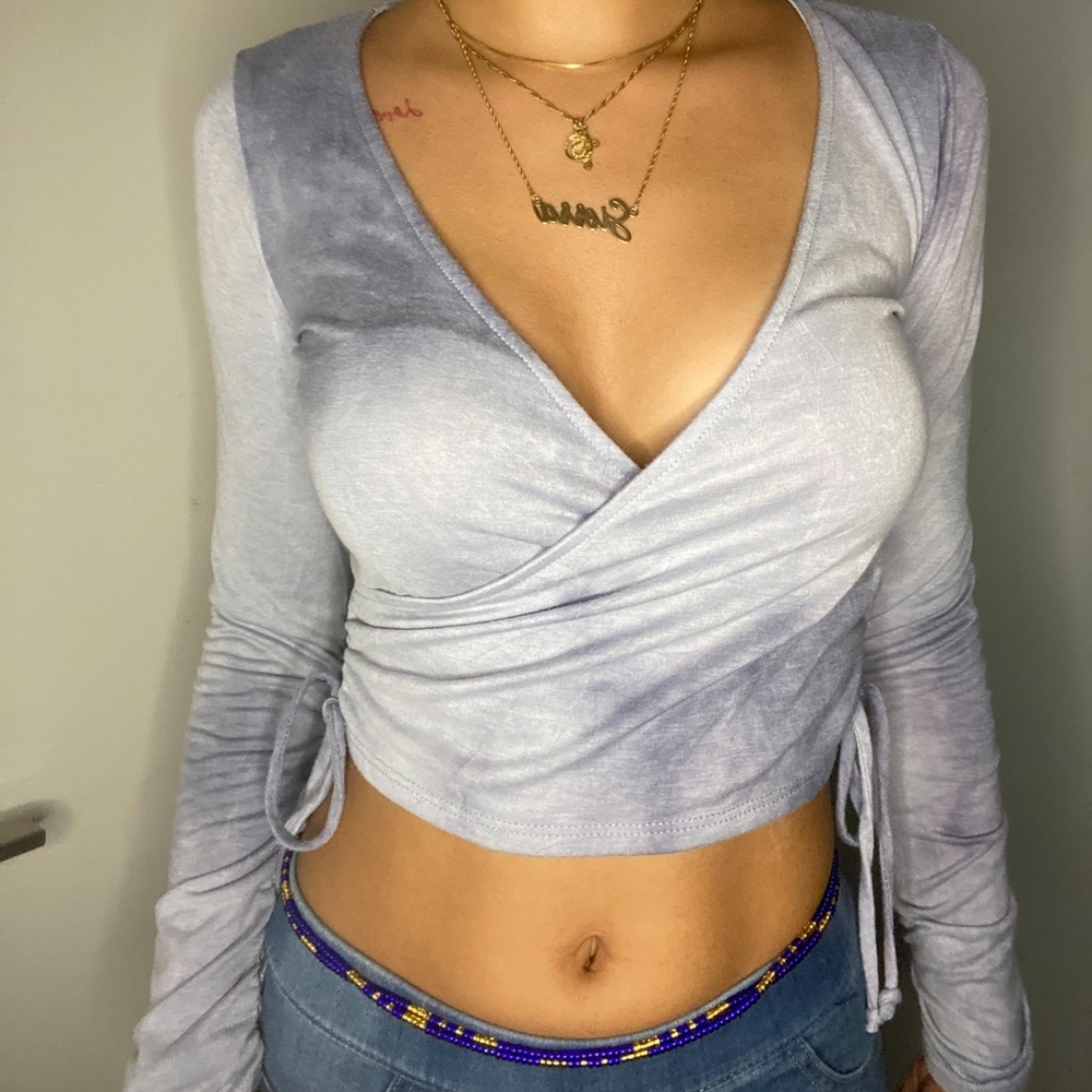 long sleeve crossed mixed purple crop top with non adjustable ties